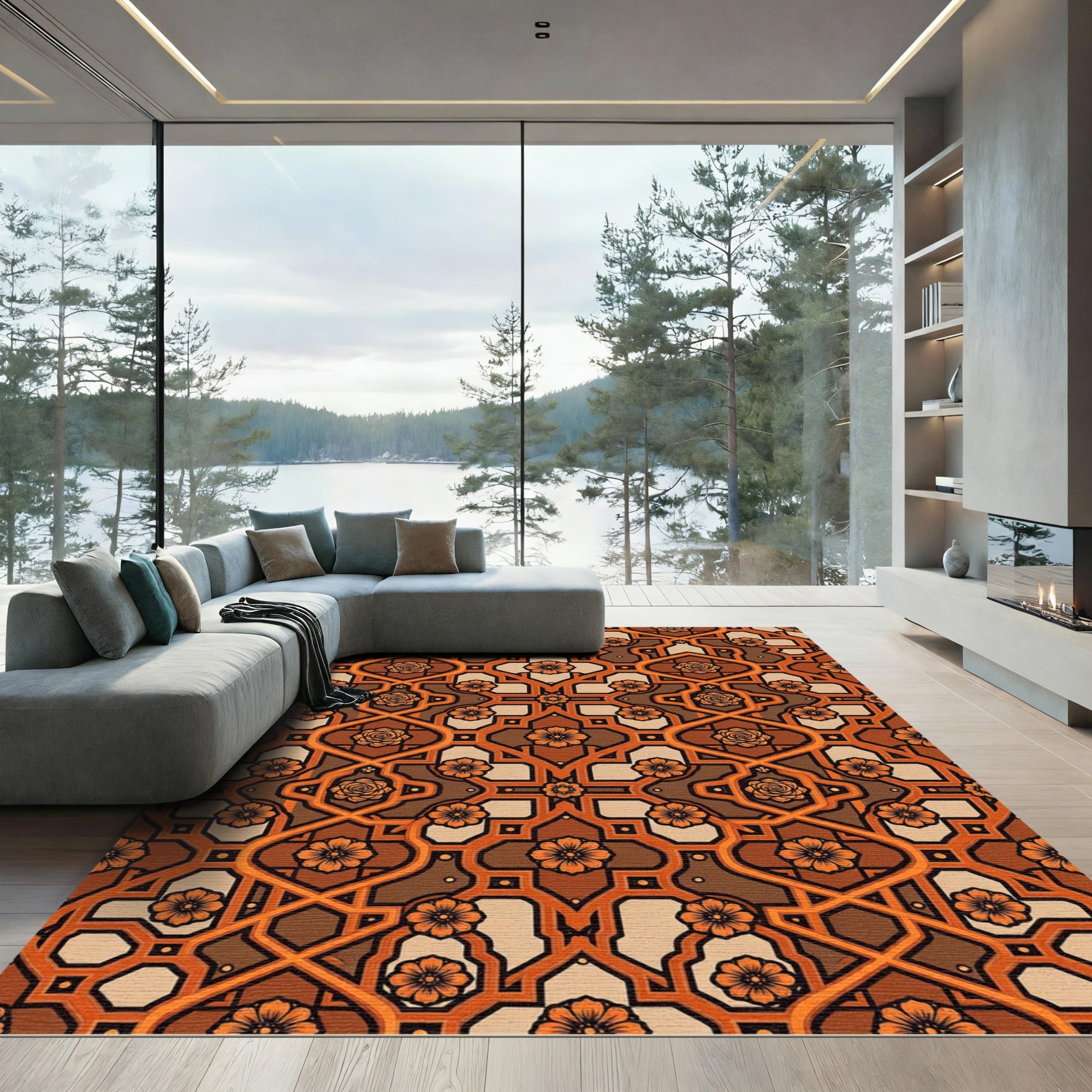 Copper Terracotta Floral Geometric Tapestry Rug