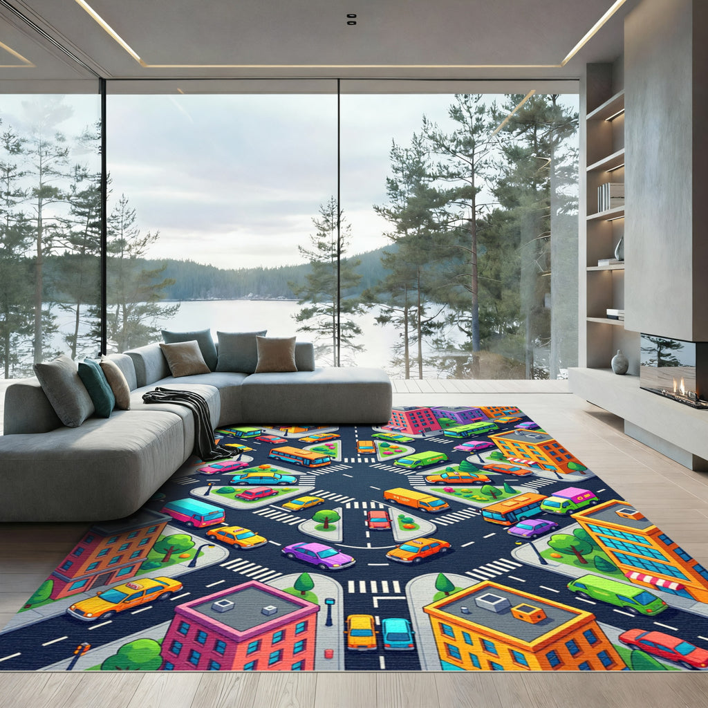 Vibrant Isometric City Street Intersection Rug