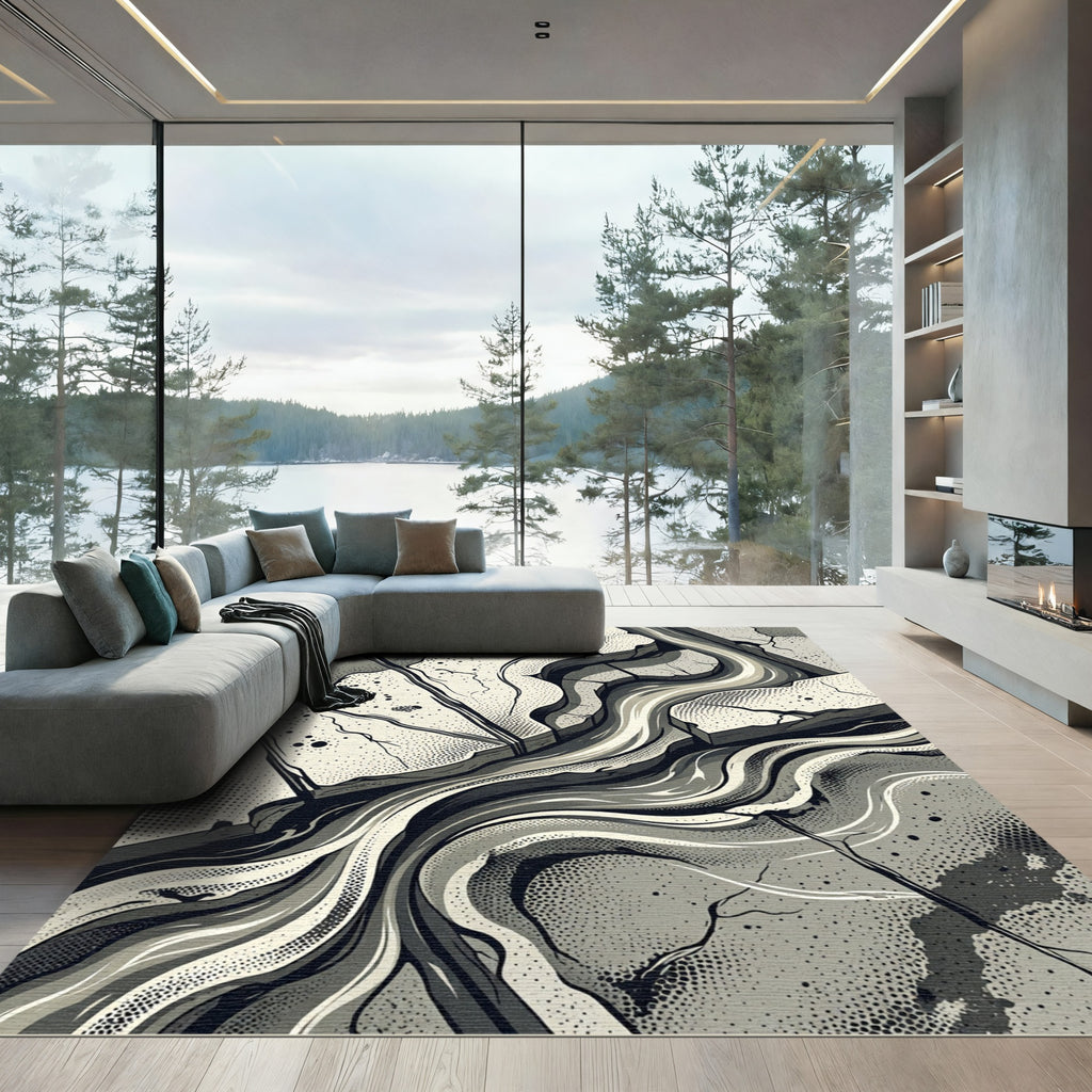 Monochrome Abstract Winding Lines Rug