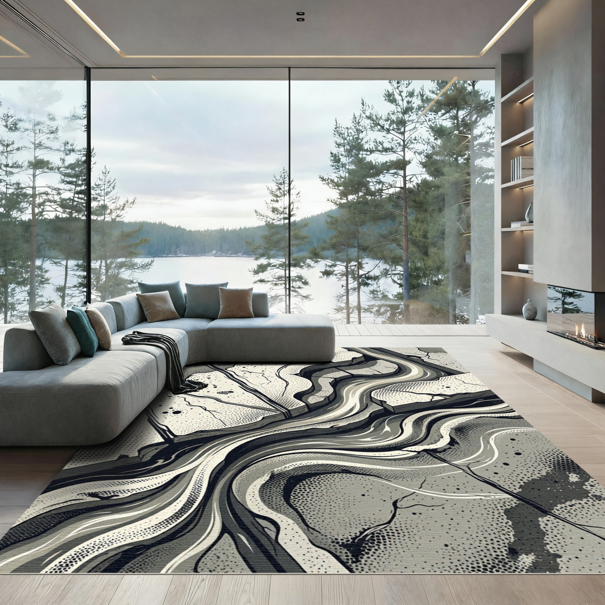Monochrome Abstract Winding Lines Rug