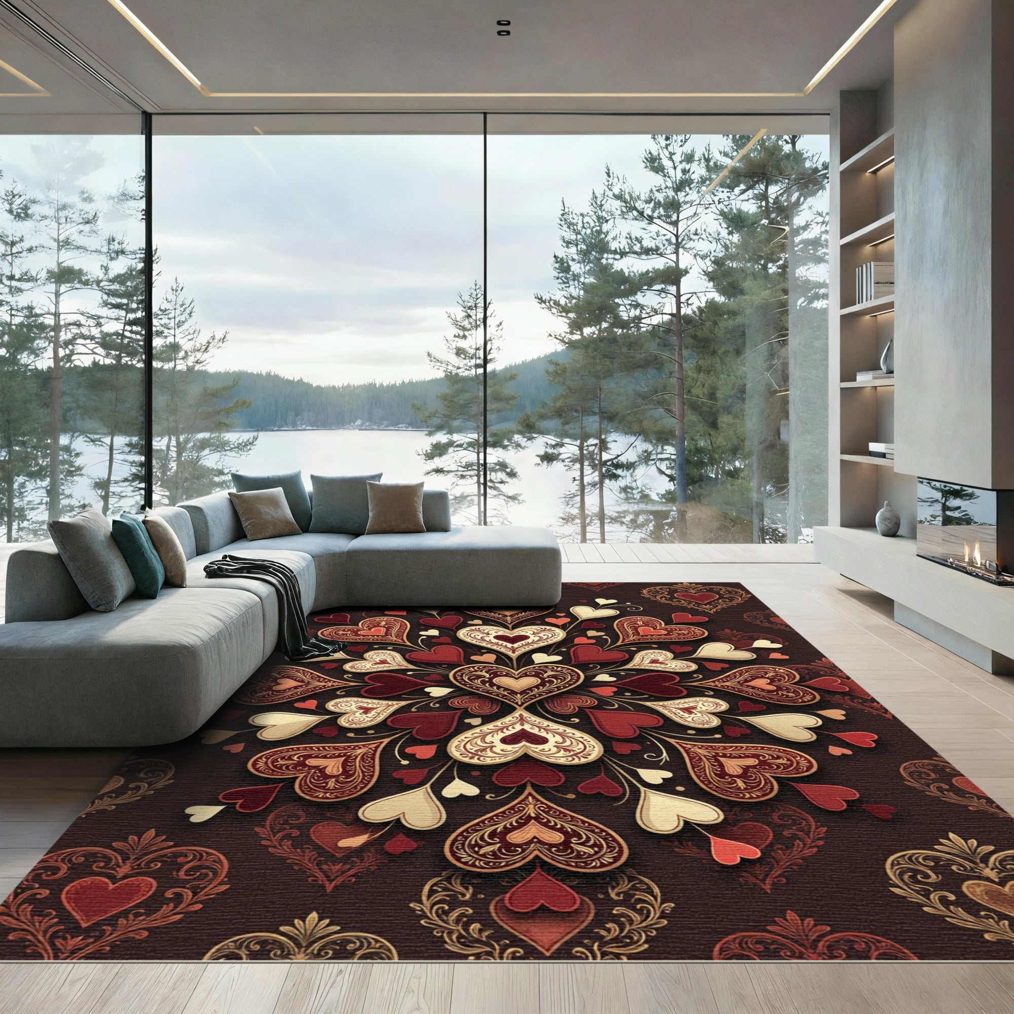 Rich Red Vintage Heart Medallion Rug