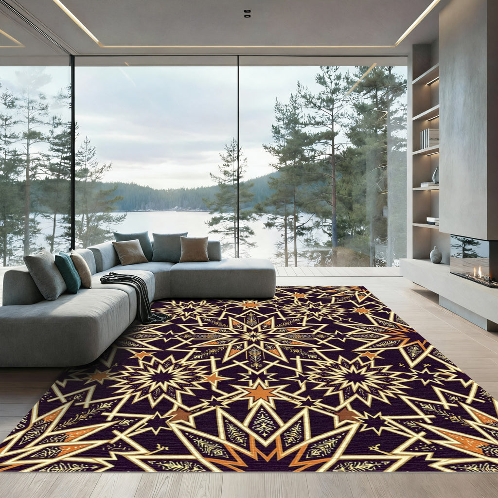 Golden Geometric Star Celestial Medallion Rug