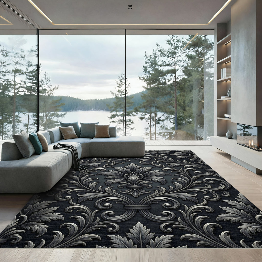 Elegant Charcoal Silver Damask Filigree Rug
