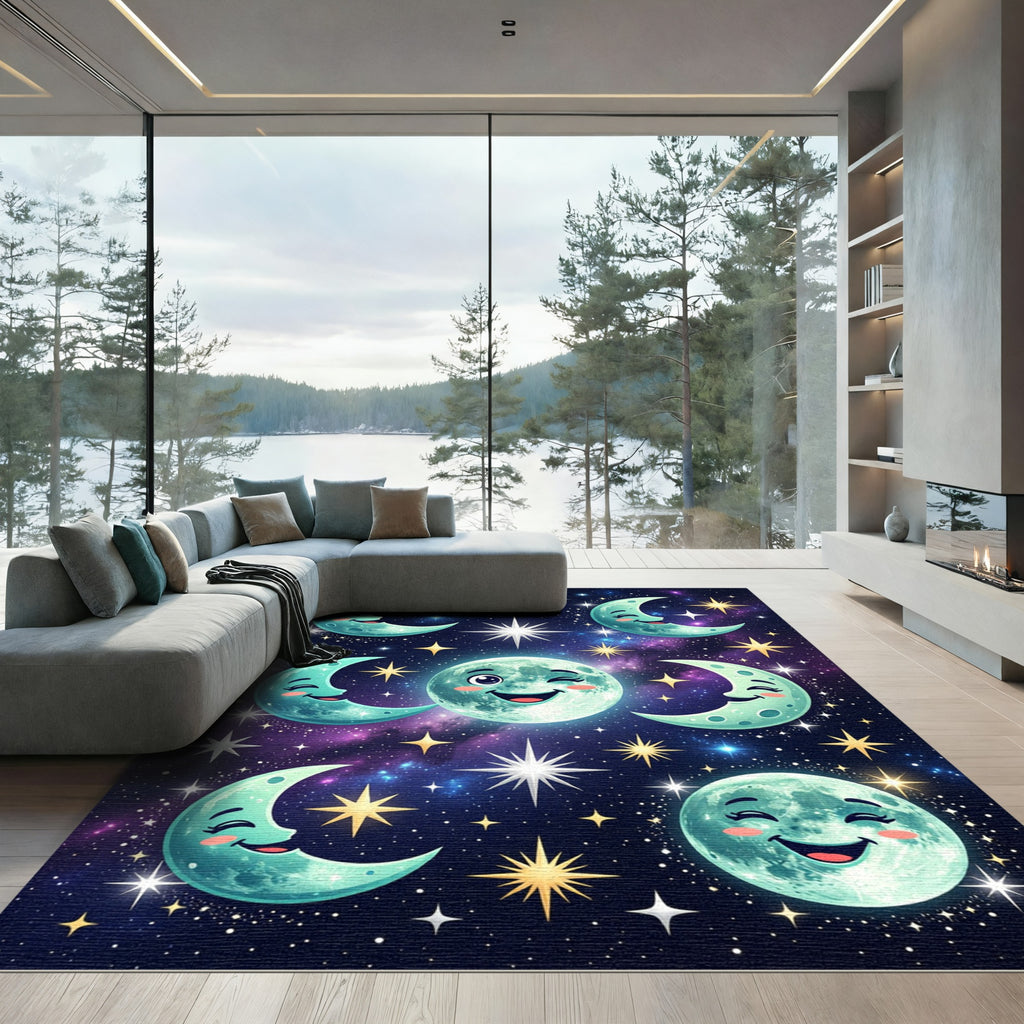 Whimsical Teal Moon And Stars Rug