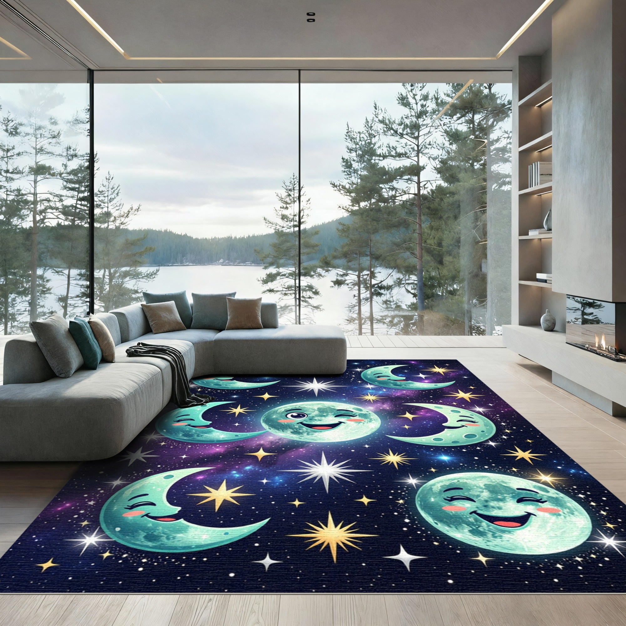 Whimsical Teal Moon And Stars Rug
