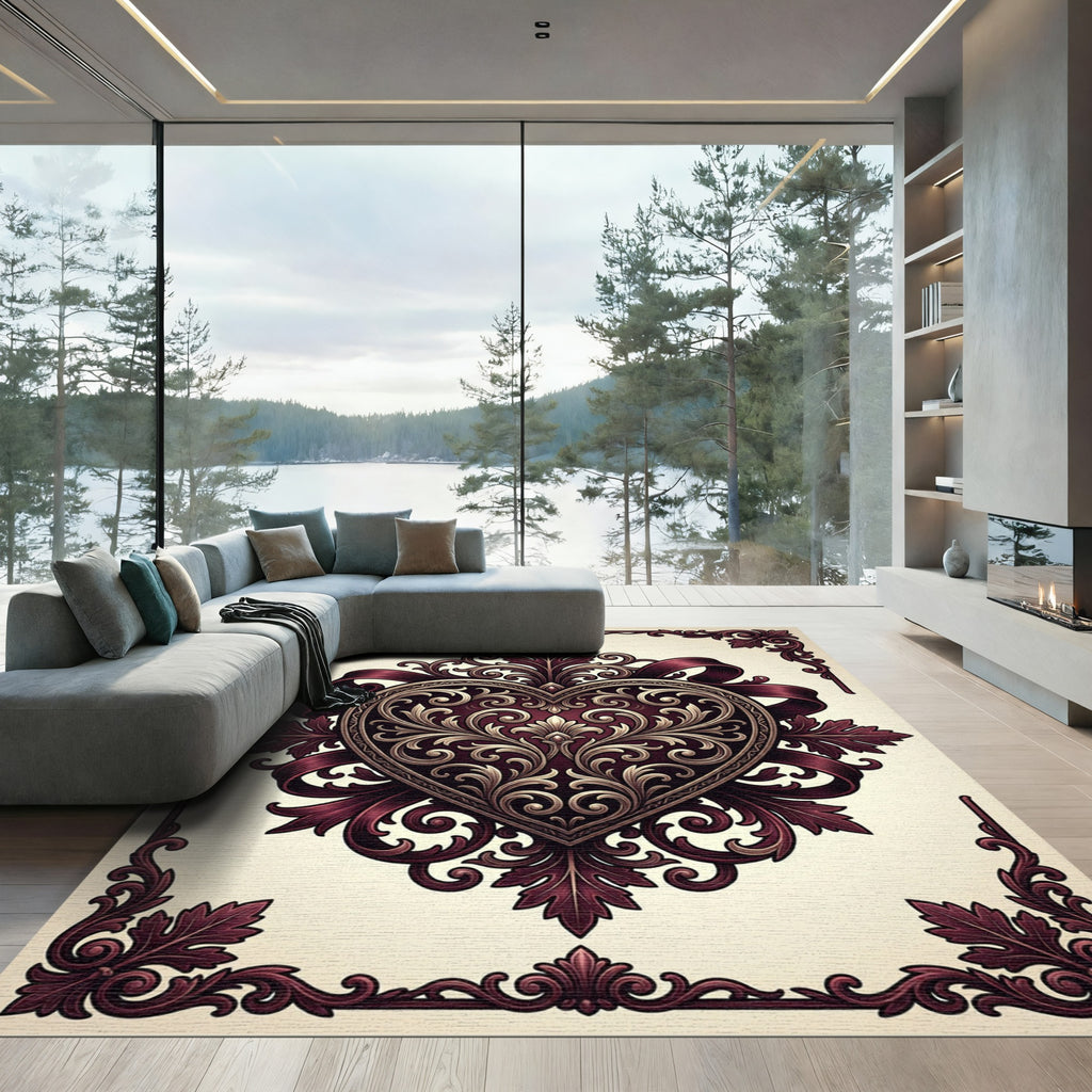 Ornate Burgundy Heart Damask Accent Rug