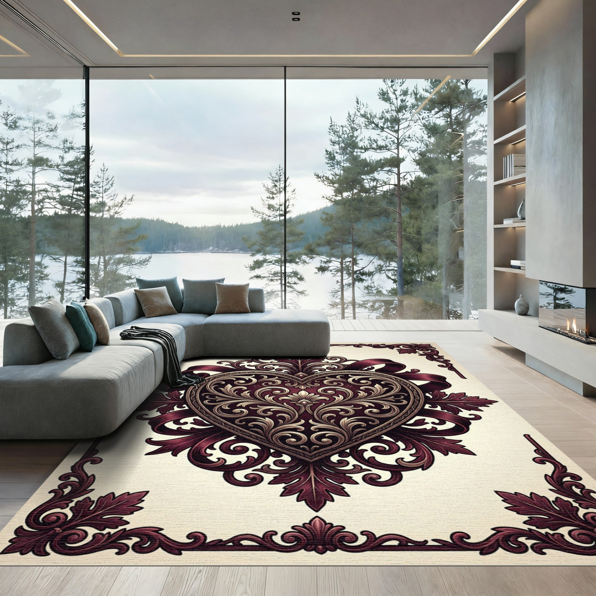 Ornate Burgundy Heart Damask Accent Rug