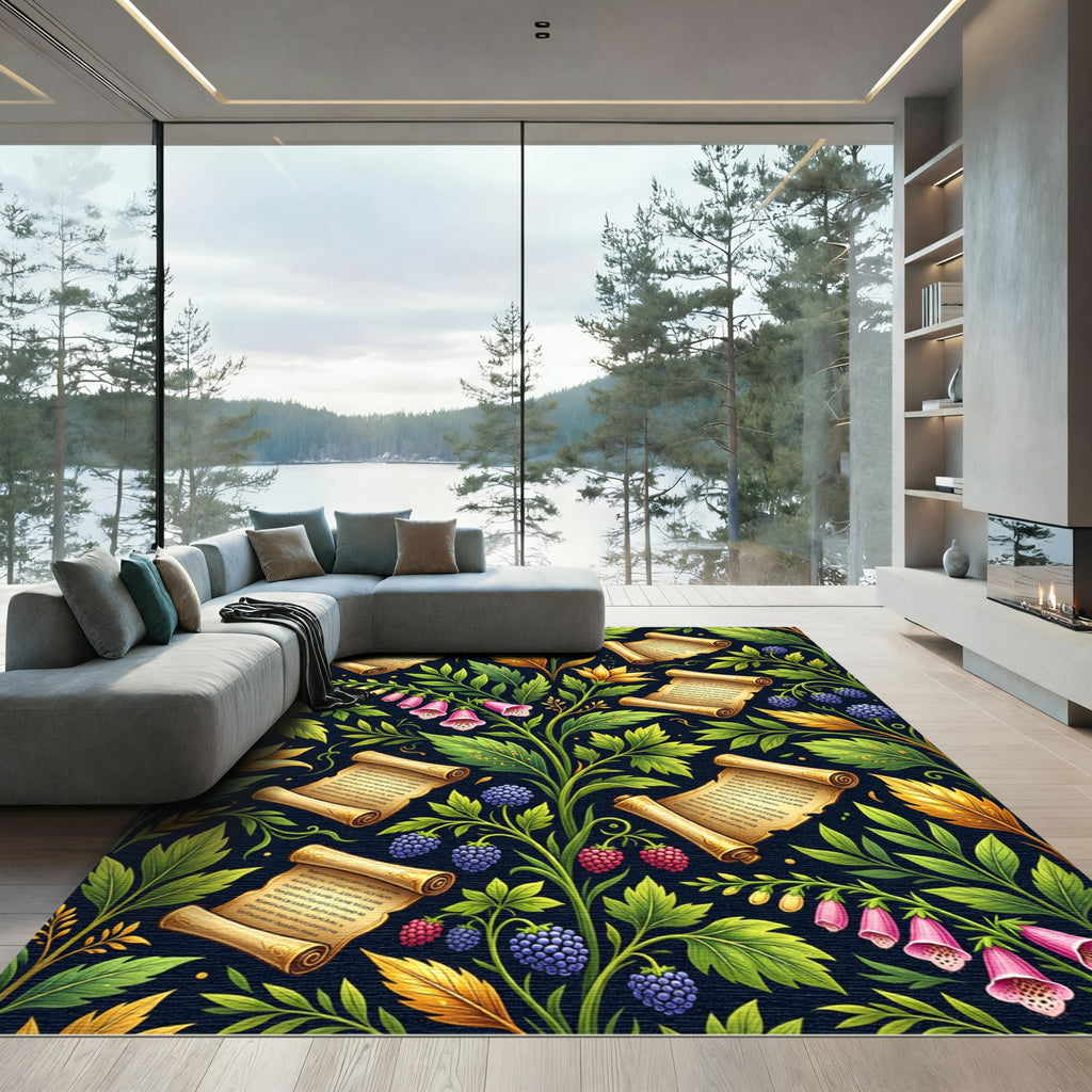 Enchanted Botanical Scroll and Berry Forest Rug