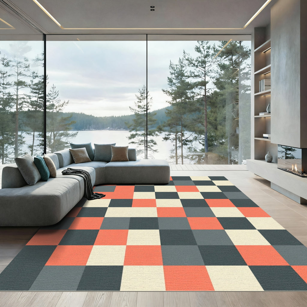 Mid-Century Geometric Coral Gray Grid Rug