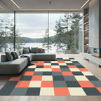 Mid-Century Geometric Coral Gray Grid Rug