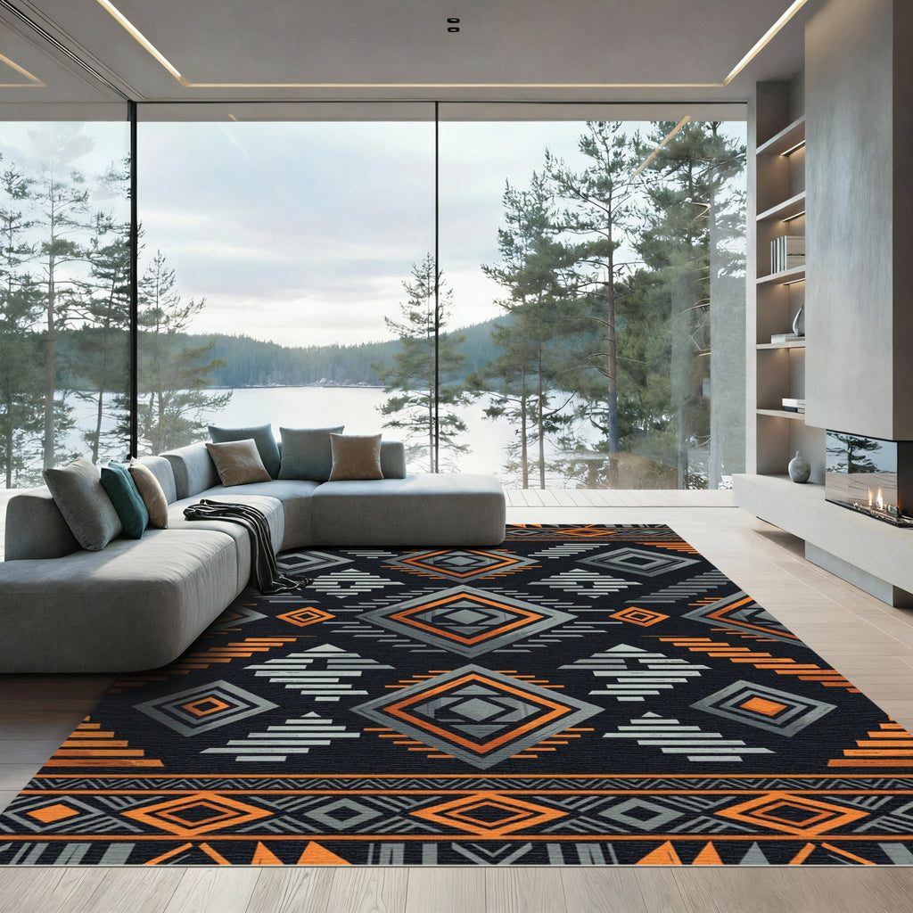 Bold Orange and Gray Geometric Diamond Rug