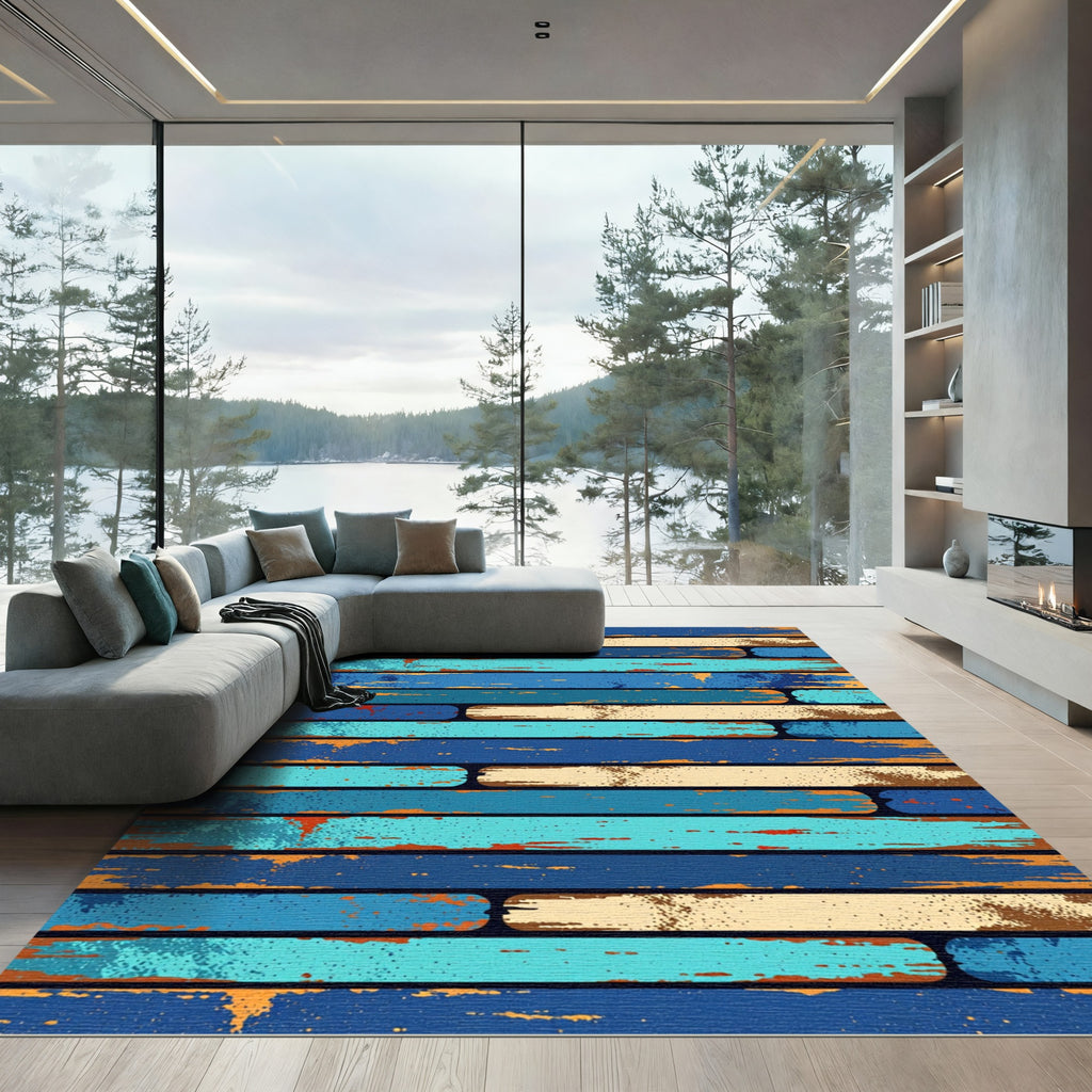 Distressed Coastal Blue Striped Plank Rug