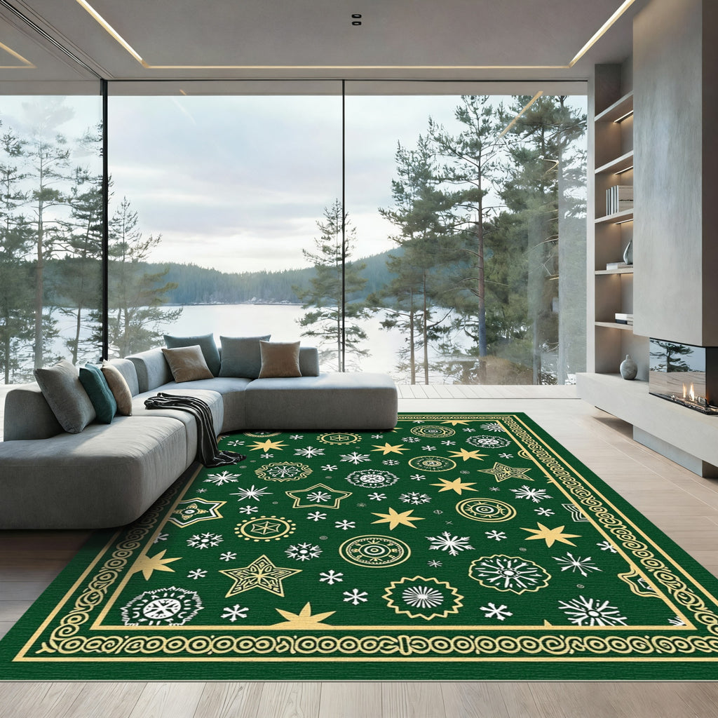 Green Gold Star Snowflake Collage Rug