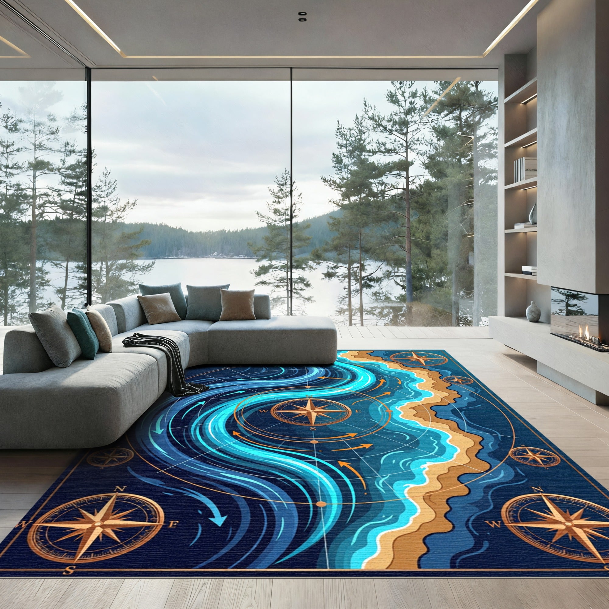 Coastal Compass Navy Blue Ocean Swirls Rug