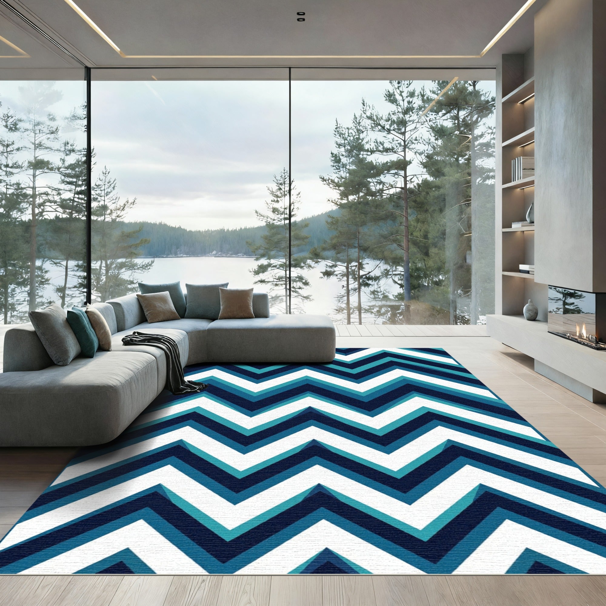 Modern Teal and Navy Zigzag Chevron Rug