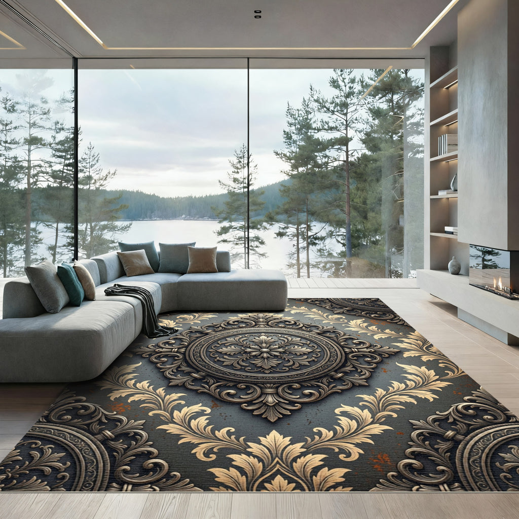 Ornate Damask Charcoal and Gold Medallion Rug