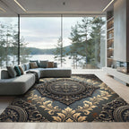 Ornate Damask Charcoal and Gold Medallion Rug