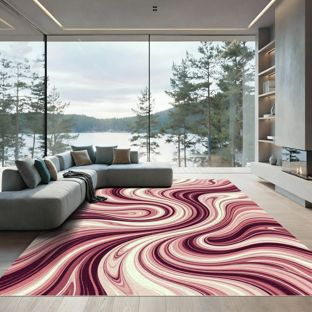 Crimson and Cream Swirling Lines Rug