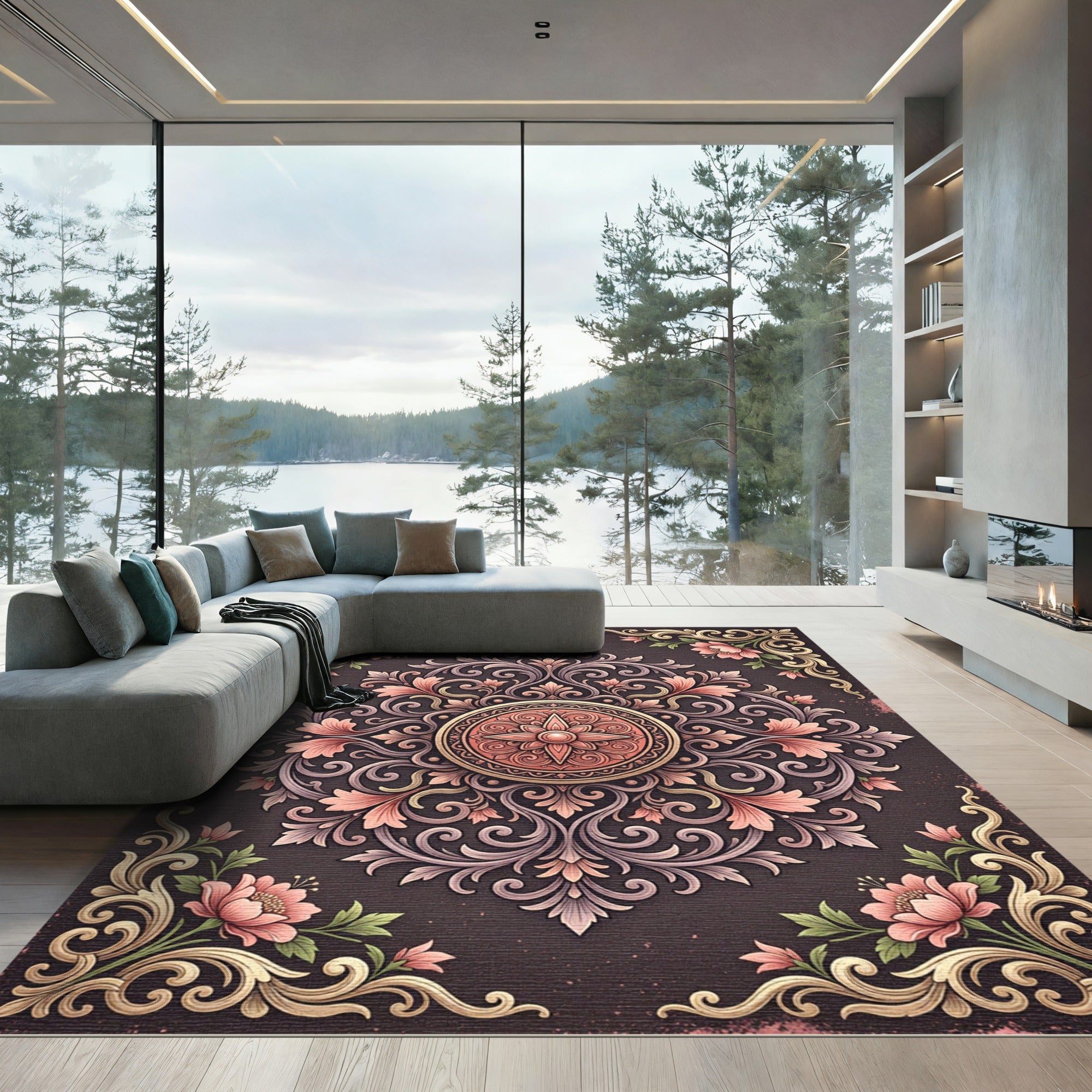 Damask Floral Scroll Medallion Rug