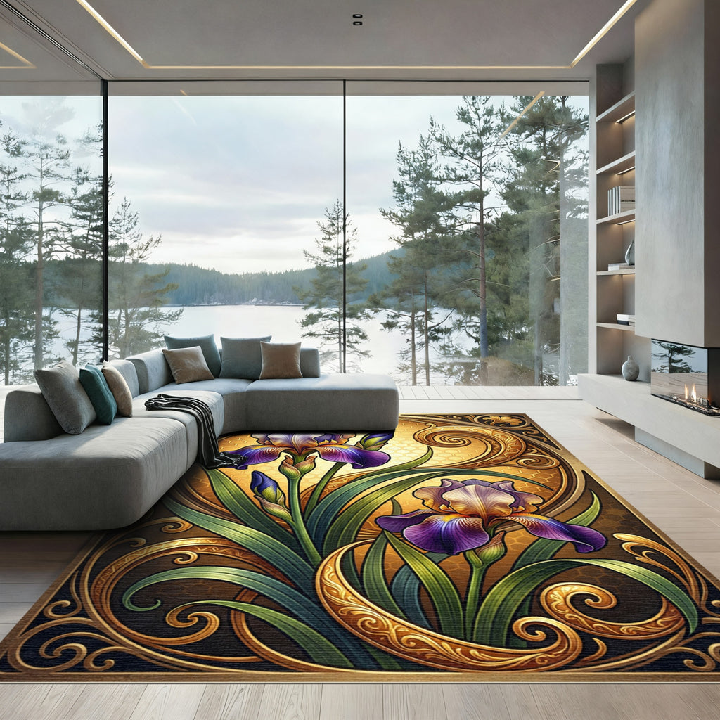 Ornate Art Nouveau Iris Golden Scroll Rug