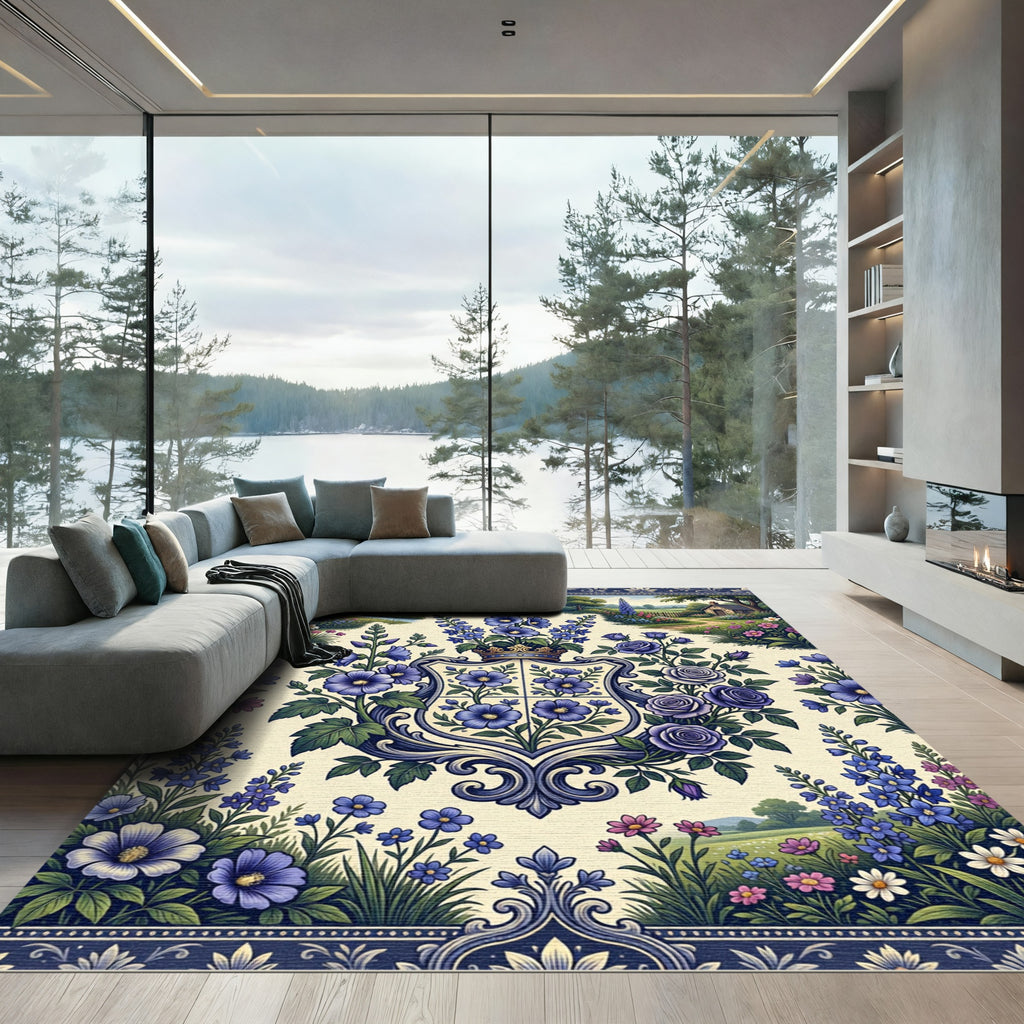 Empress Blue Floral Crest Garden Rug
