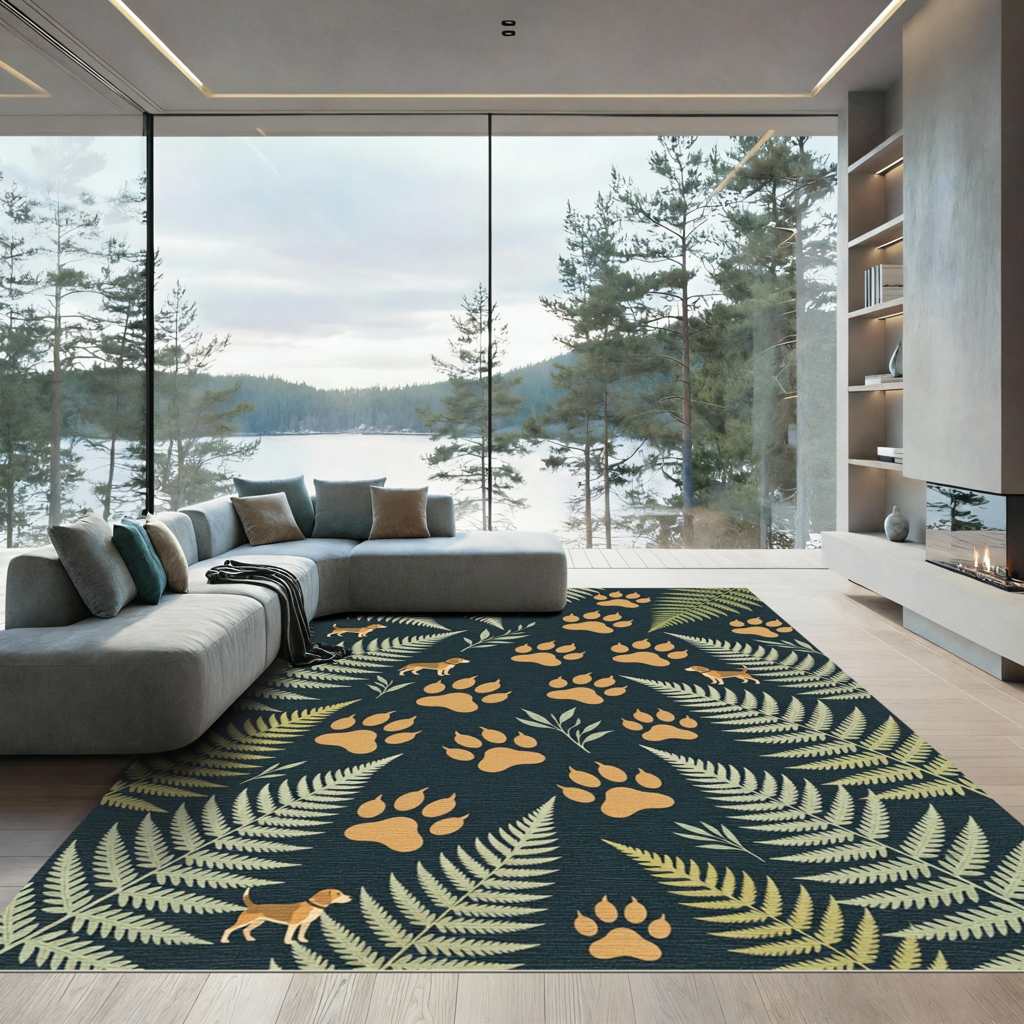 Golden Beagle and Fern Botanical Illustration Rug