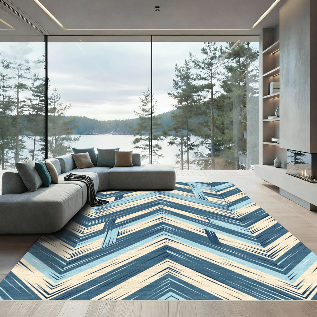 Blue Chevron Textured Geometric Herringbone Rug