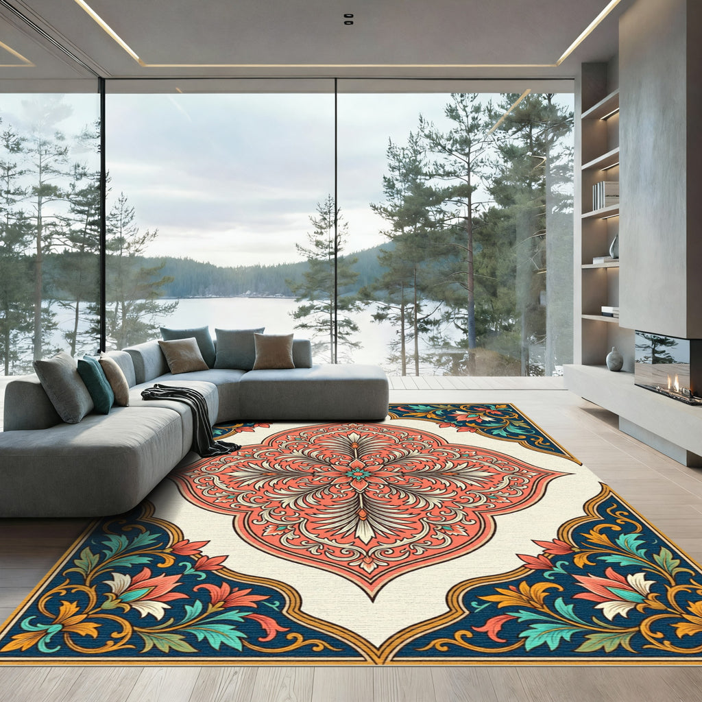 Coral Navy Floral Medallion Frame Rug