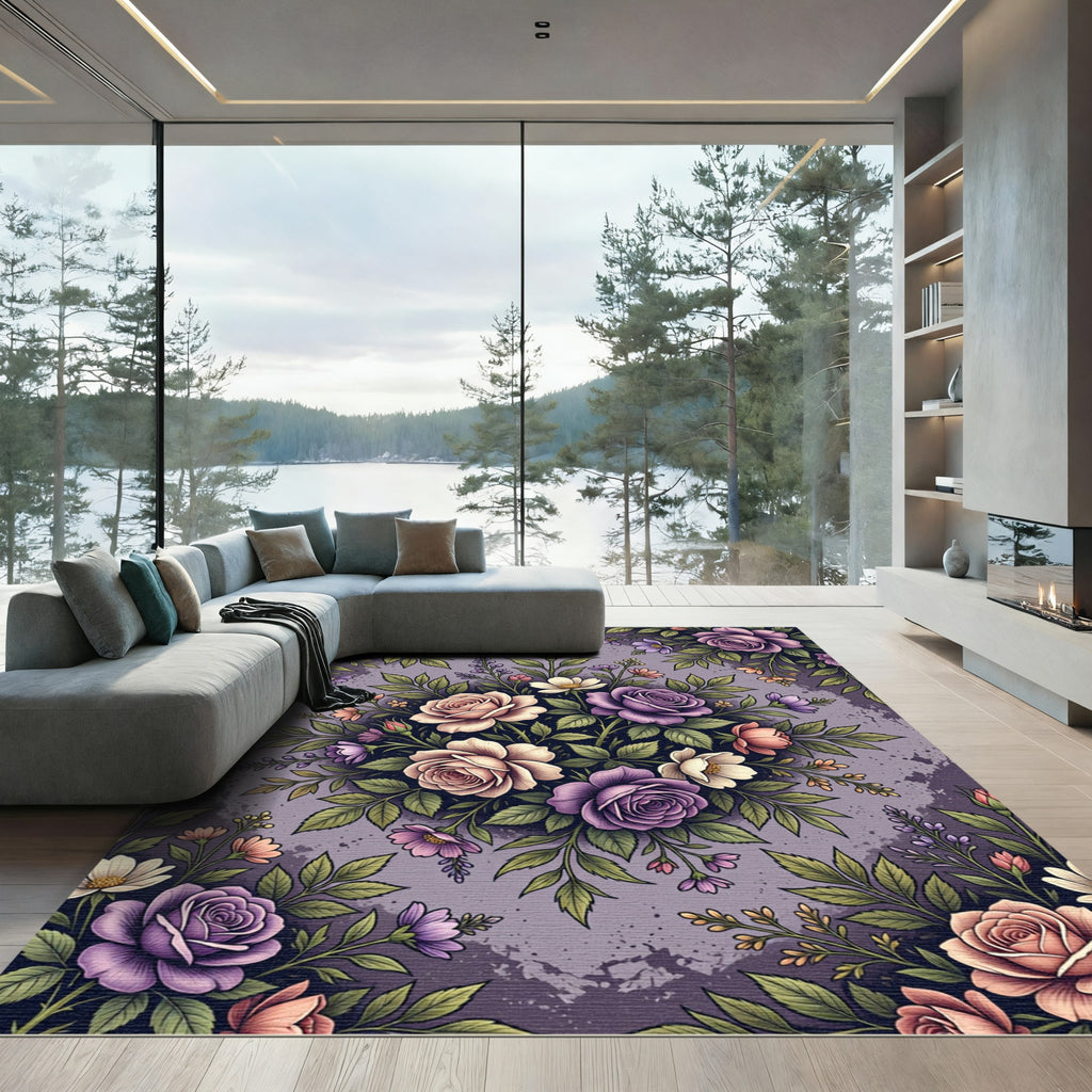 Romantic Lavender Rose Floral Bouquet Rug