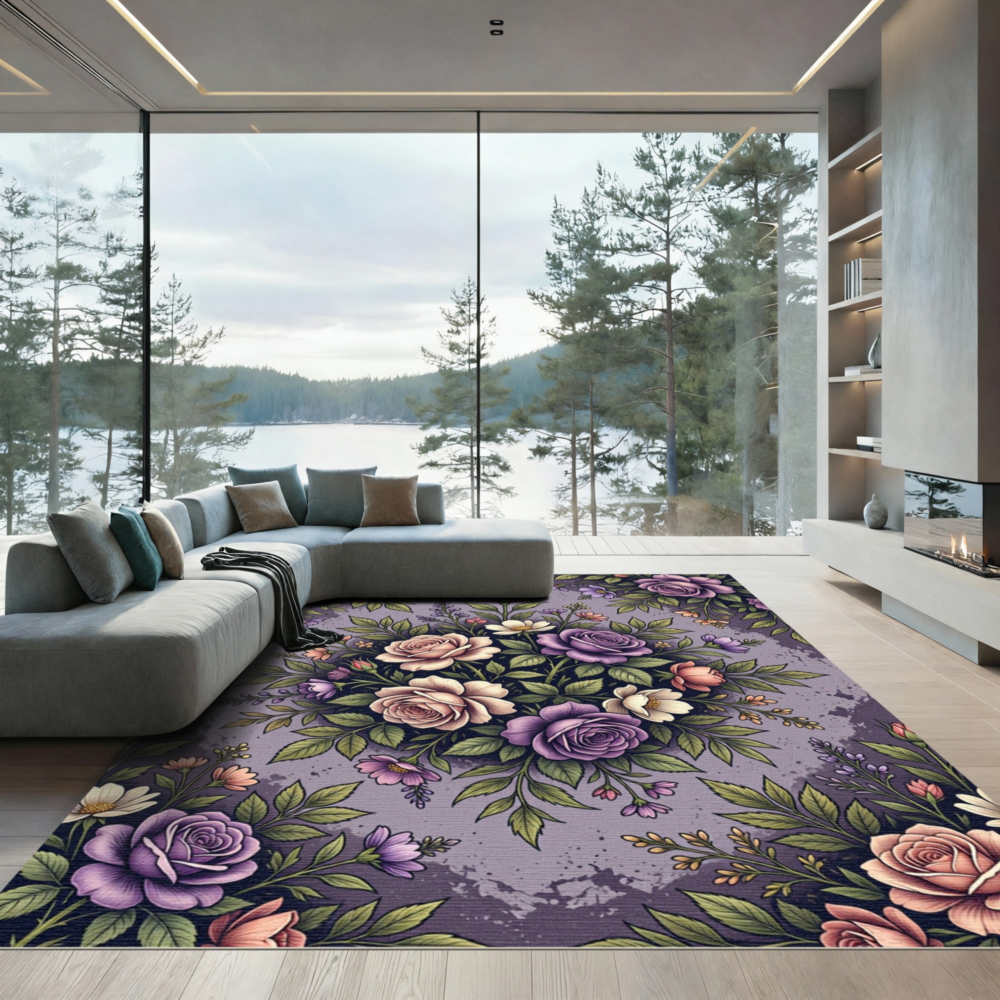 Romantic Lavender Rose Floral Bouquet Rug