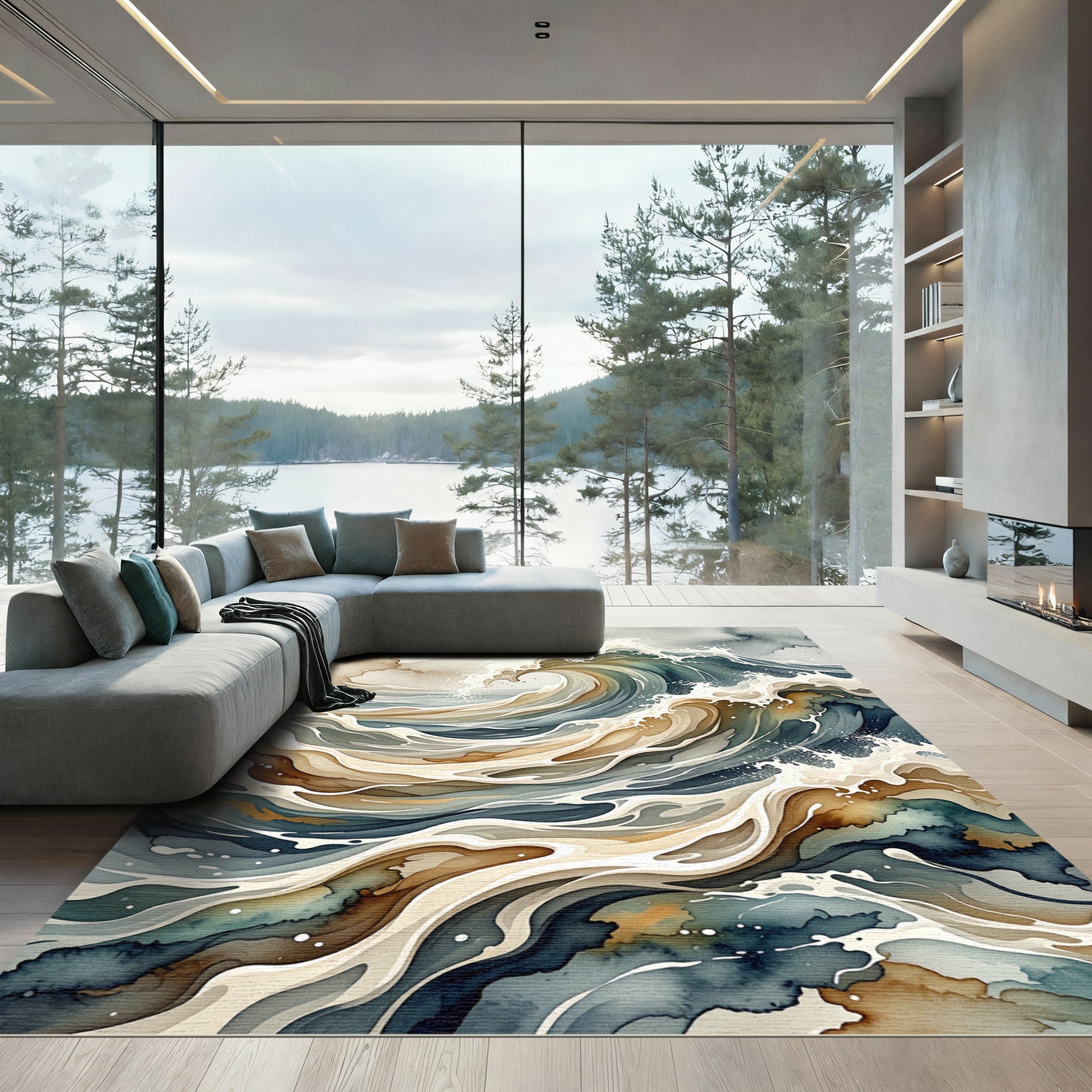 Abstract Stormy Ocean Wave Swirl Rug