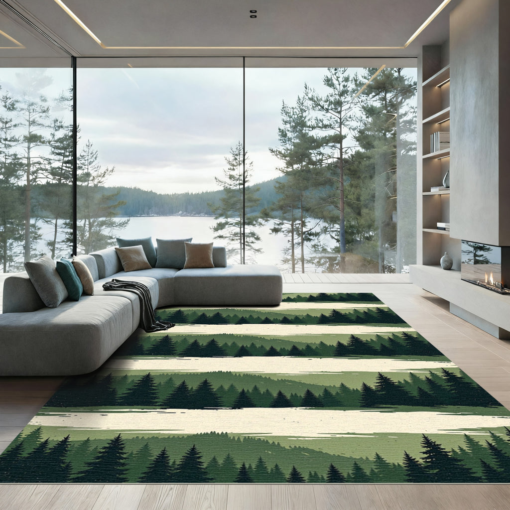 Earthy Forest Silhouette Striped Area Rug