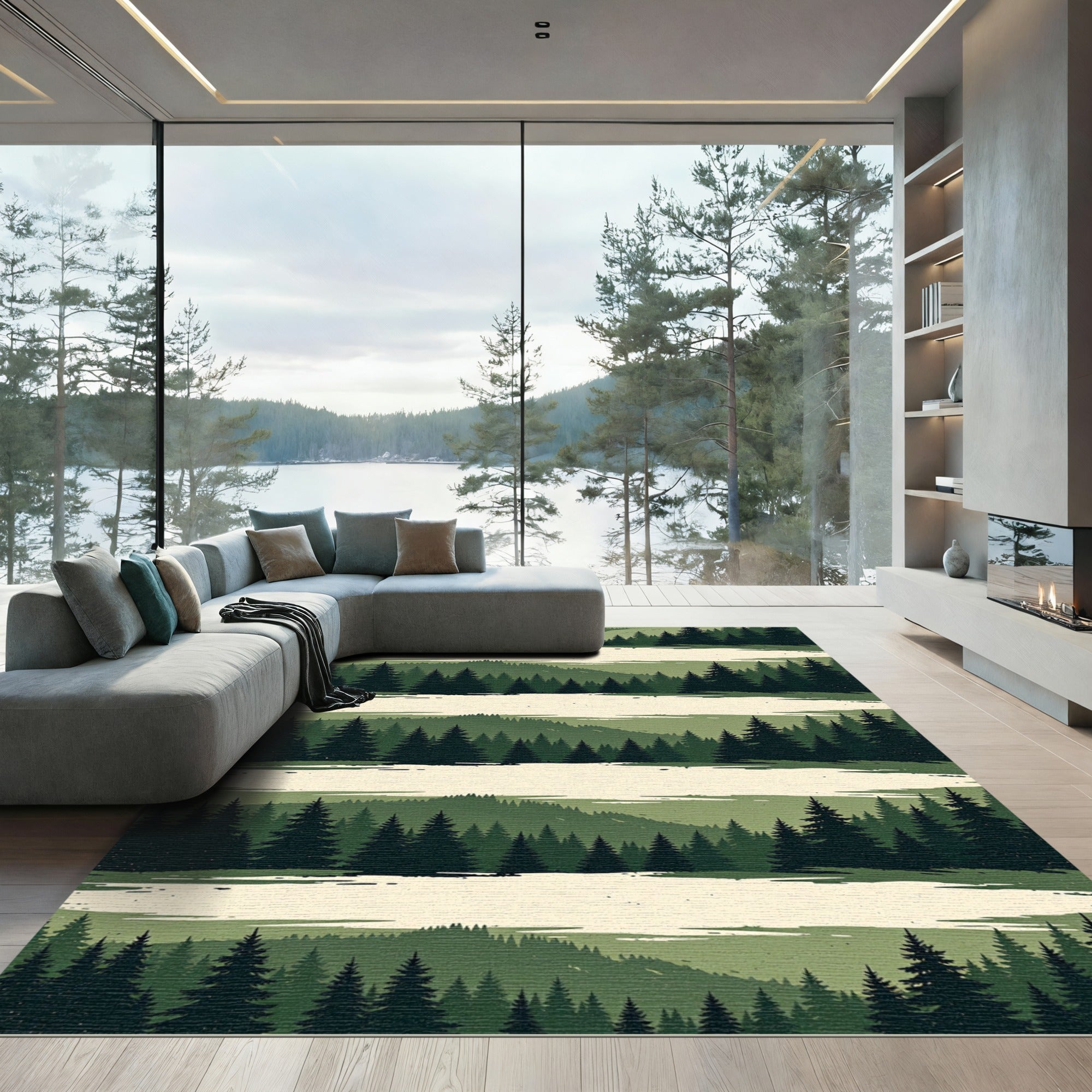 Earthy Forest Silhouette Striped Area Rug