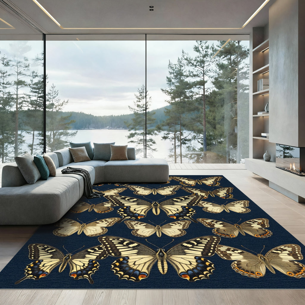 Vintage Navy Butterfly Botanical Field Rug