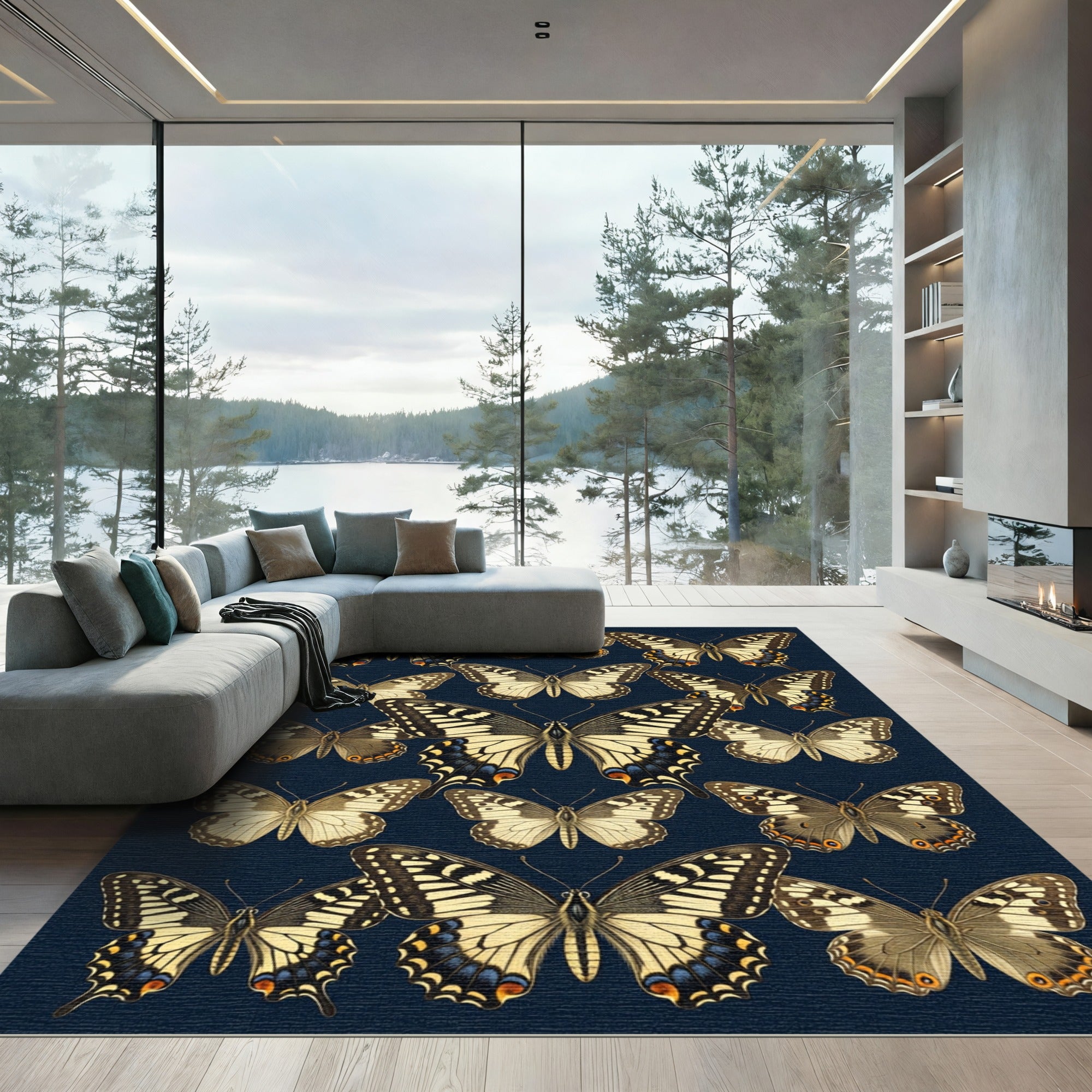 Vintage Navy Butterfly Botanical Field Rug
