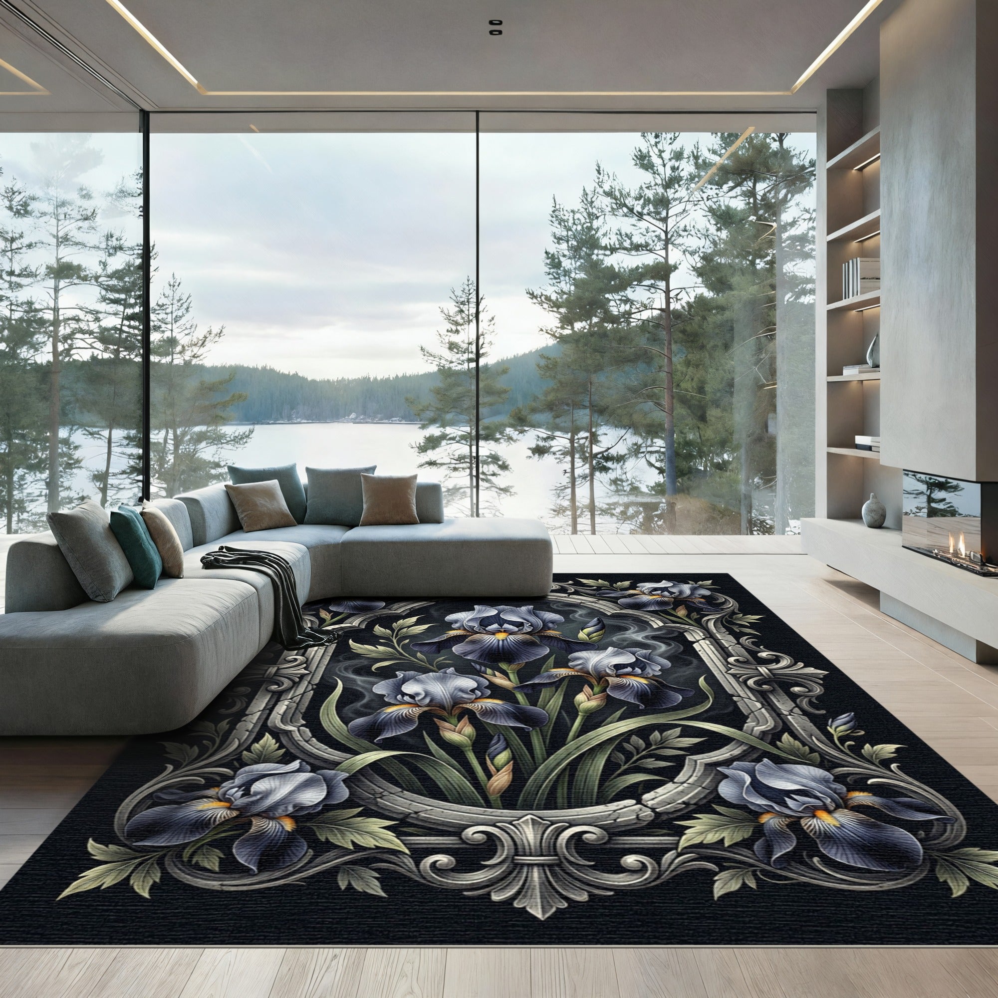 Elegant Dark Iris Gothic Floral Frame Rug