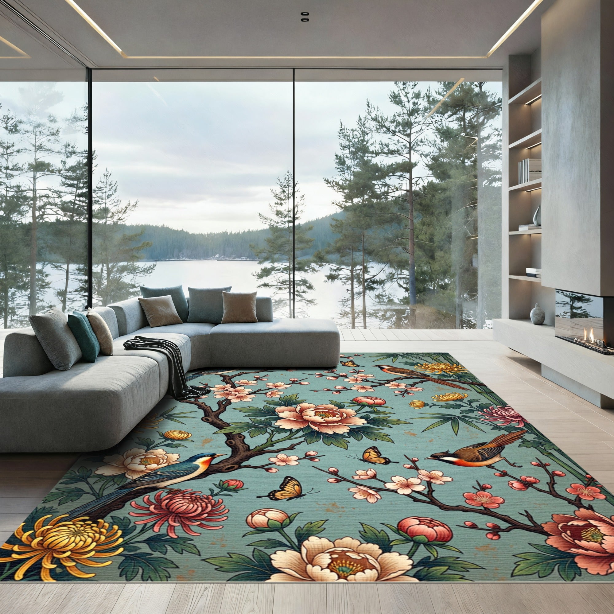 Chinoiserie Bird and Peony Garden Rug