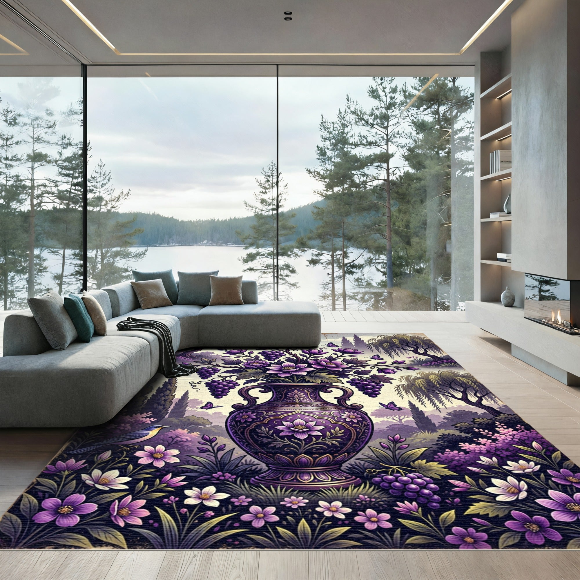 Enchanted Purple Floral Grape Vase Rug