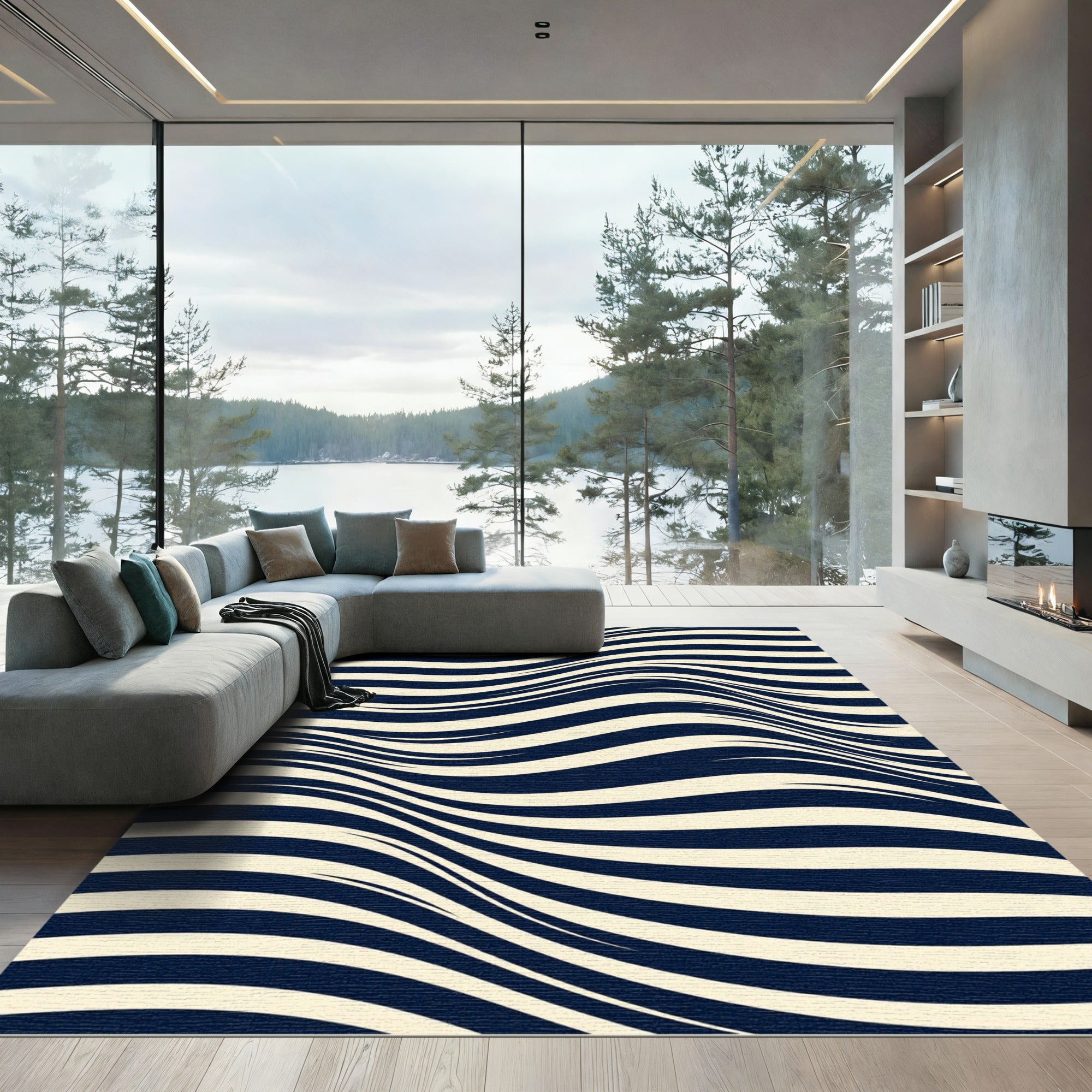 Modern Navy and Cream Wavy Stripe Rug
