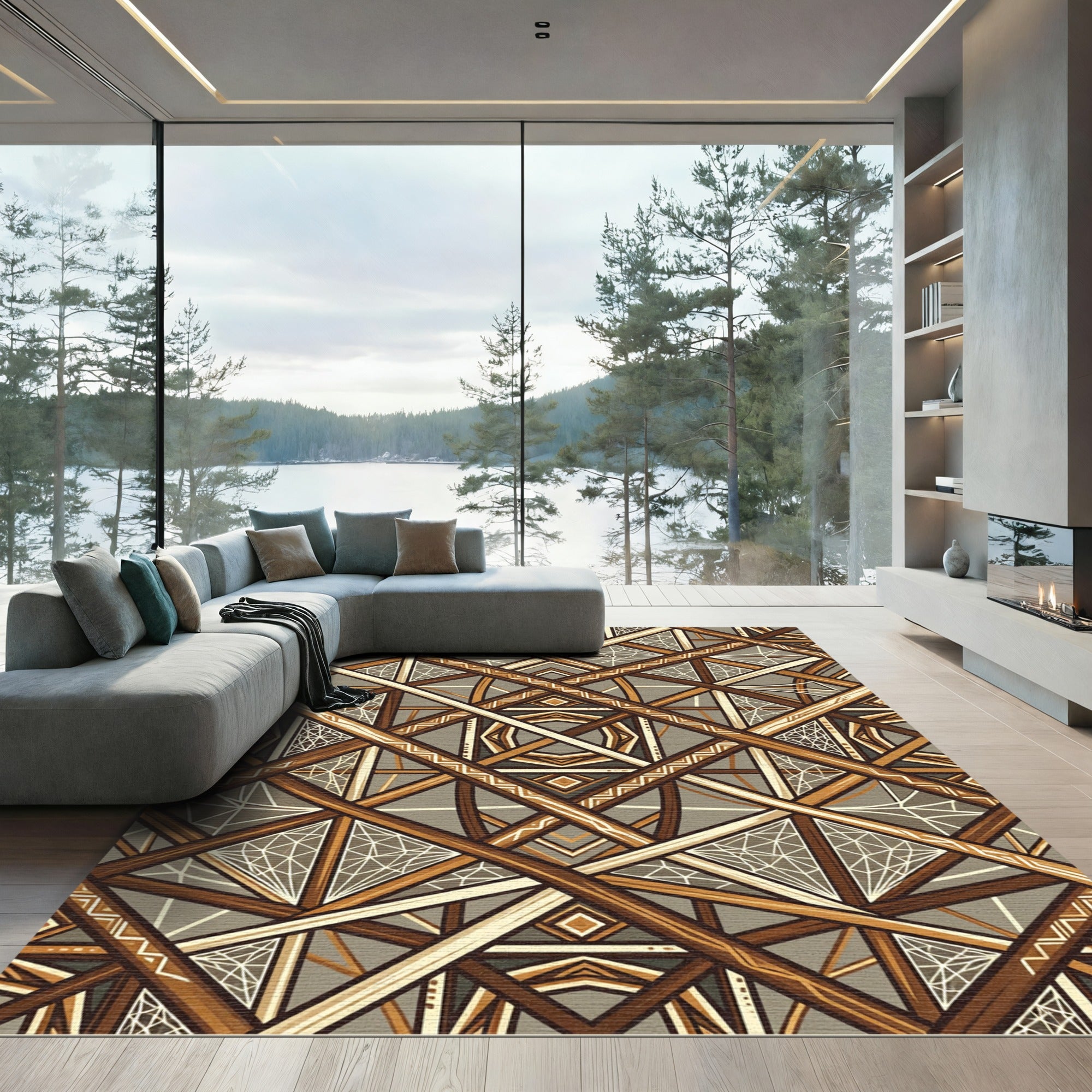 Earthy Brown Geometric Lattice Art Rug