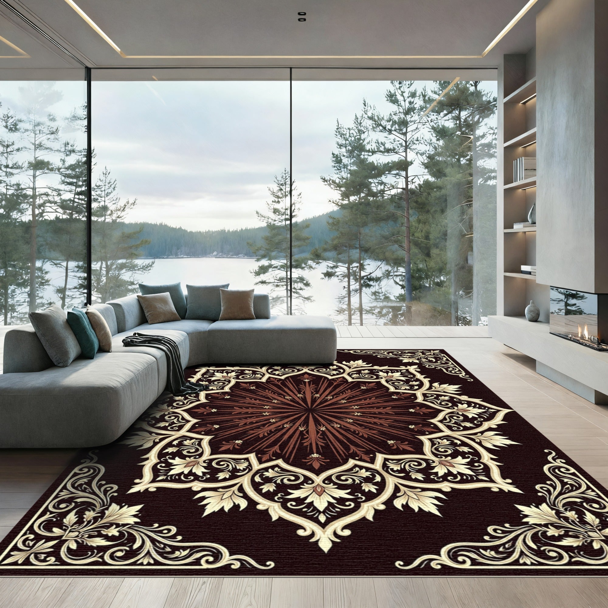Dark Brown Victorian Floral Medallion Rug