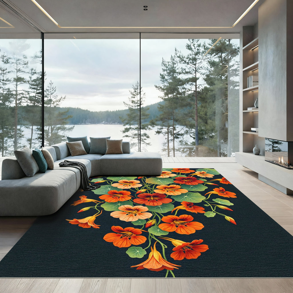 Vibrant Orange Nasturtium Botanical Statement Rug
