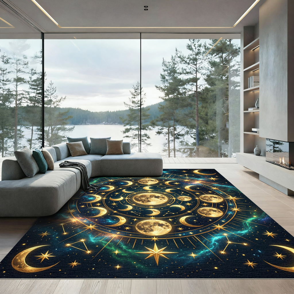 Celestial Golden Moon Phases Orbit Rug