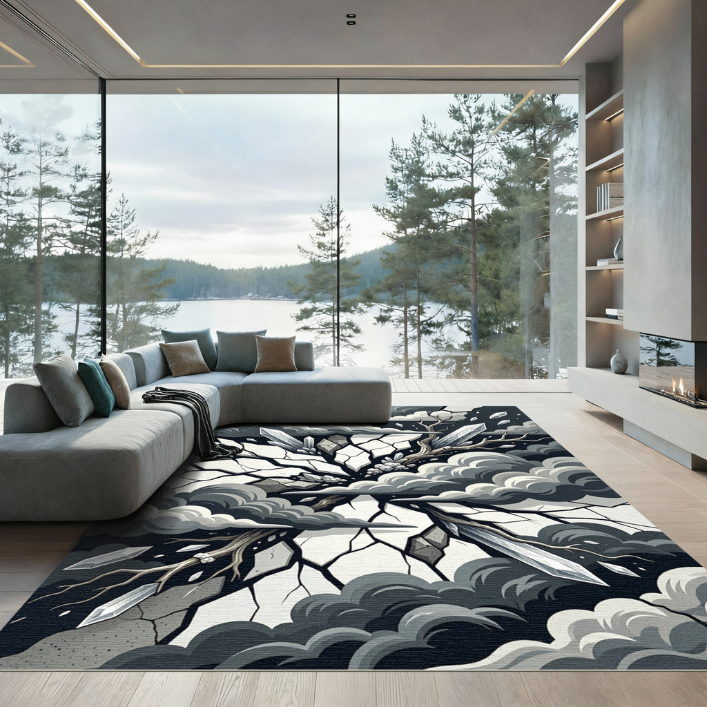 Monochrome Shattered Crystal Abstract Storm Rug