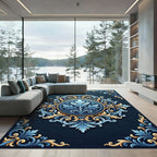 Ornate Blue Gold Scrollwork Mandala Rug