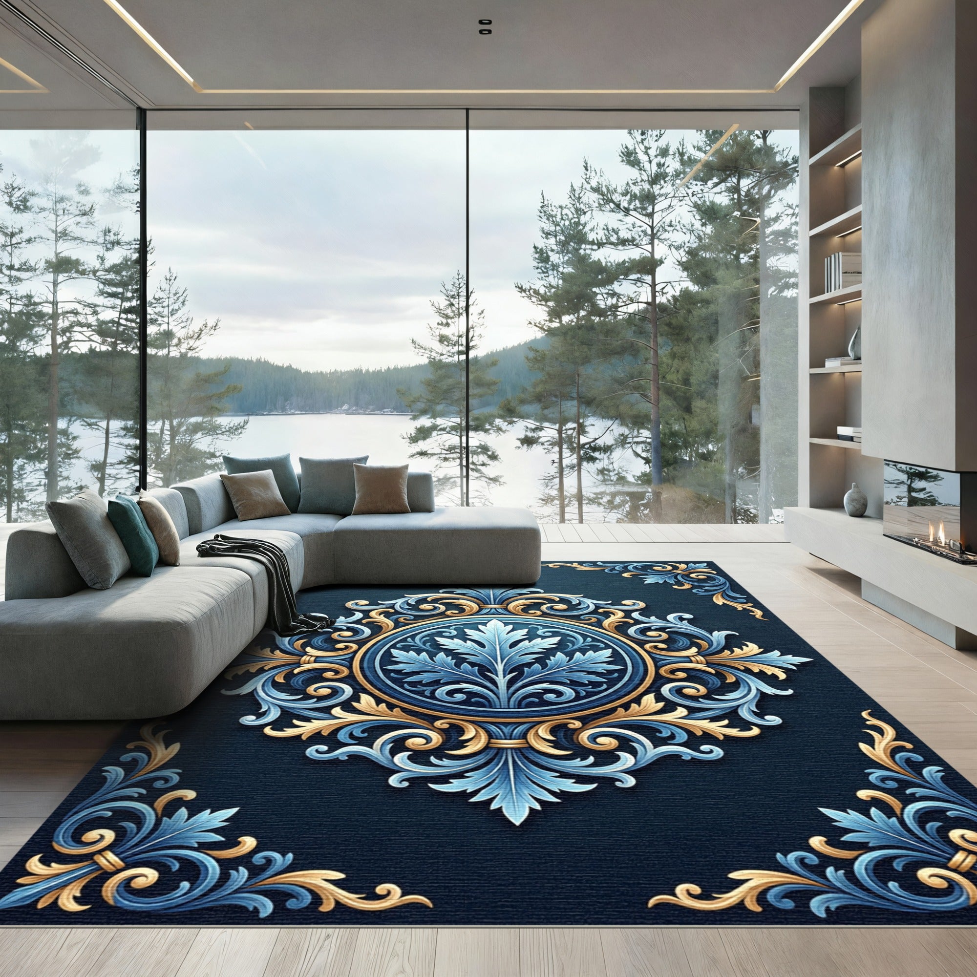 Ornate Blue Gold Scrollwork Mandala Rug