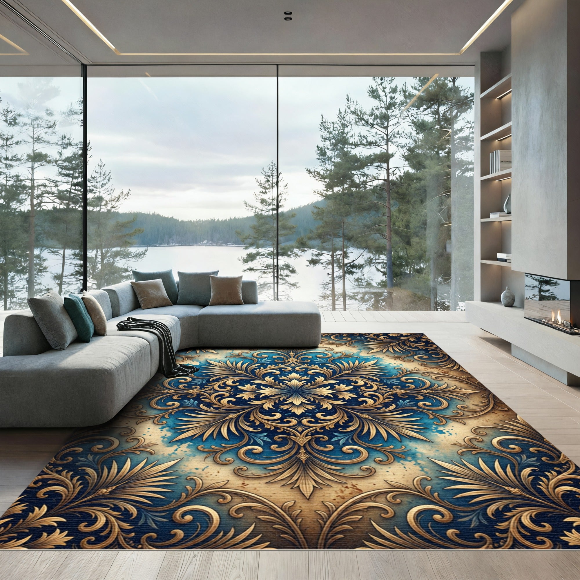Gold Ornate Foliage Blue Damask Scroll Rug