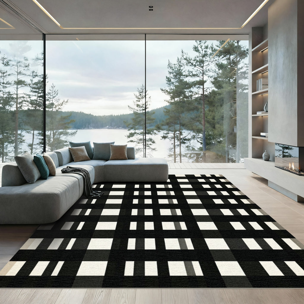 Black White Checkerboard Grid Rug