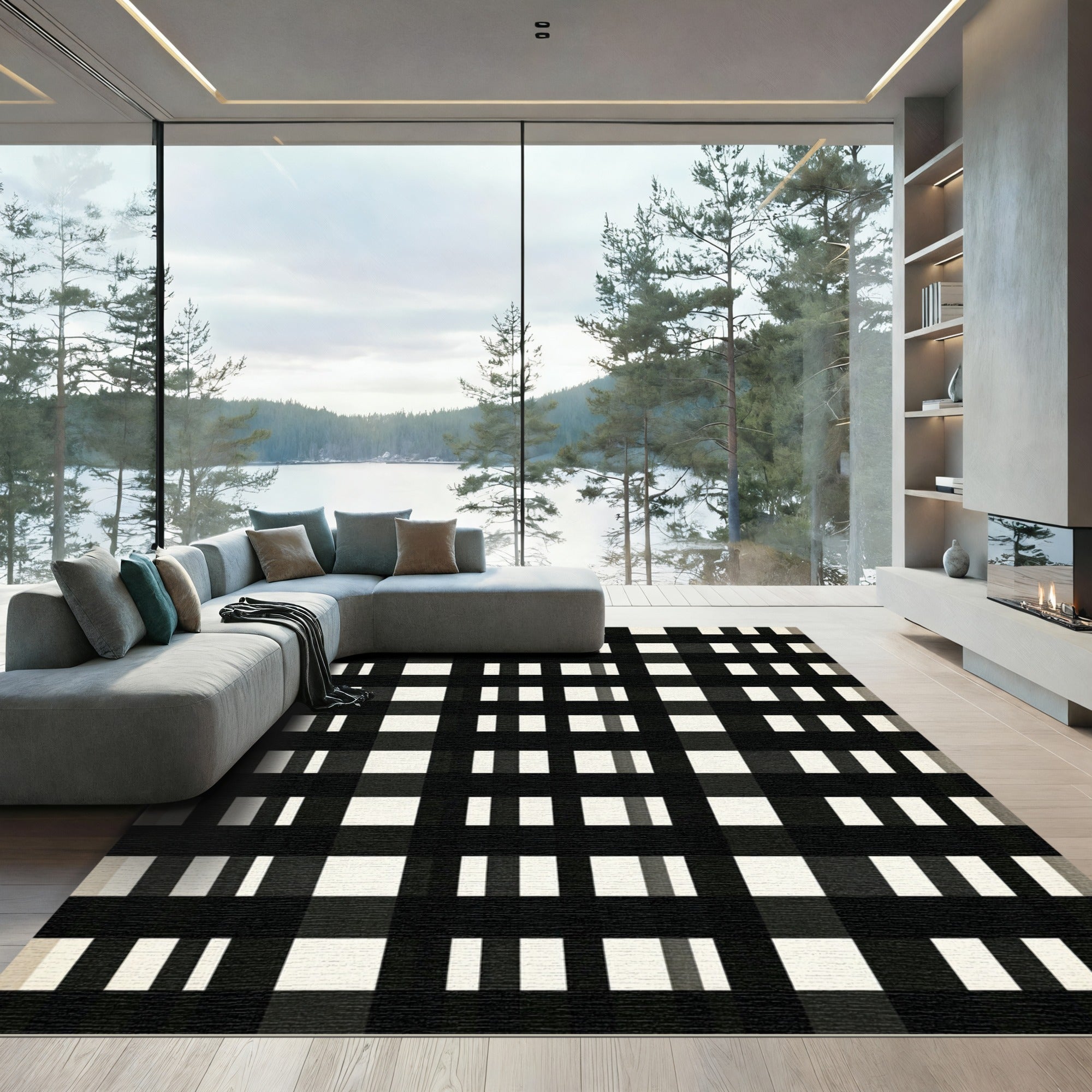 Black White Checkerboard Grid Rug