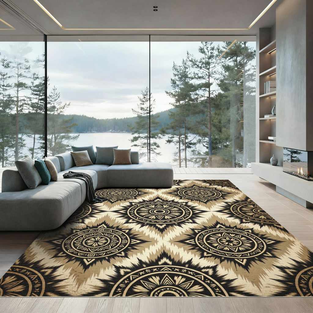 Black Golden Sunburst Ethnic Rug